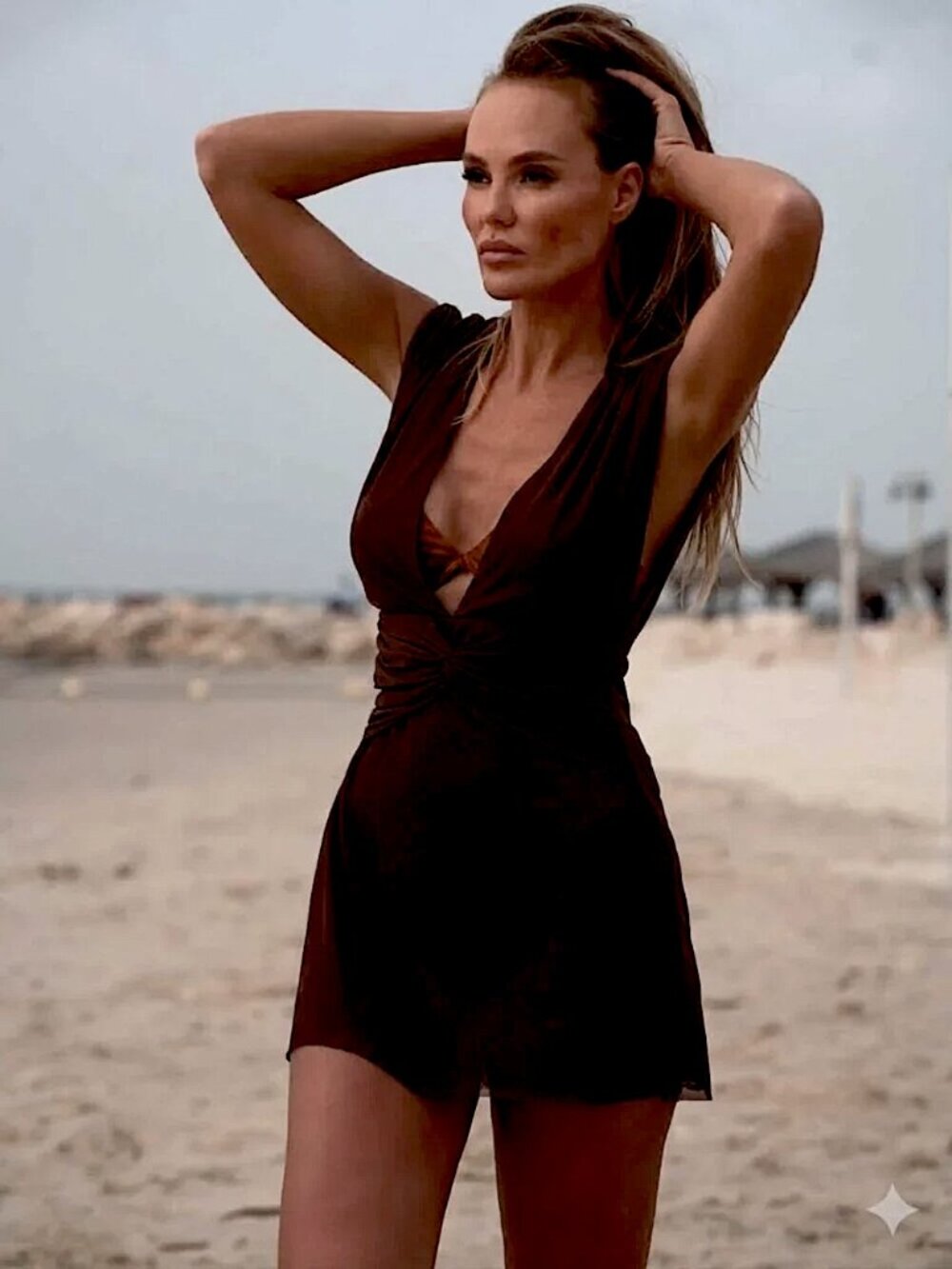 House of Harlow 1960 Mesh Black Short Cover-Up Dress V-Neck Mini Dress Sz L NEW